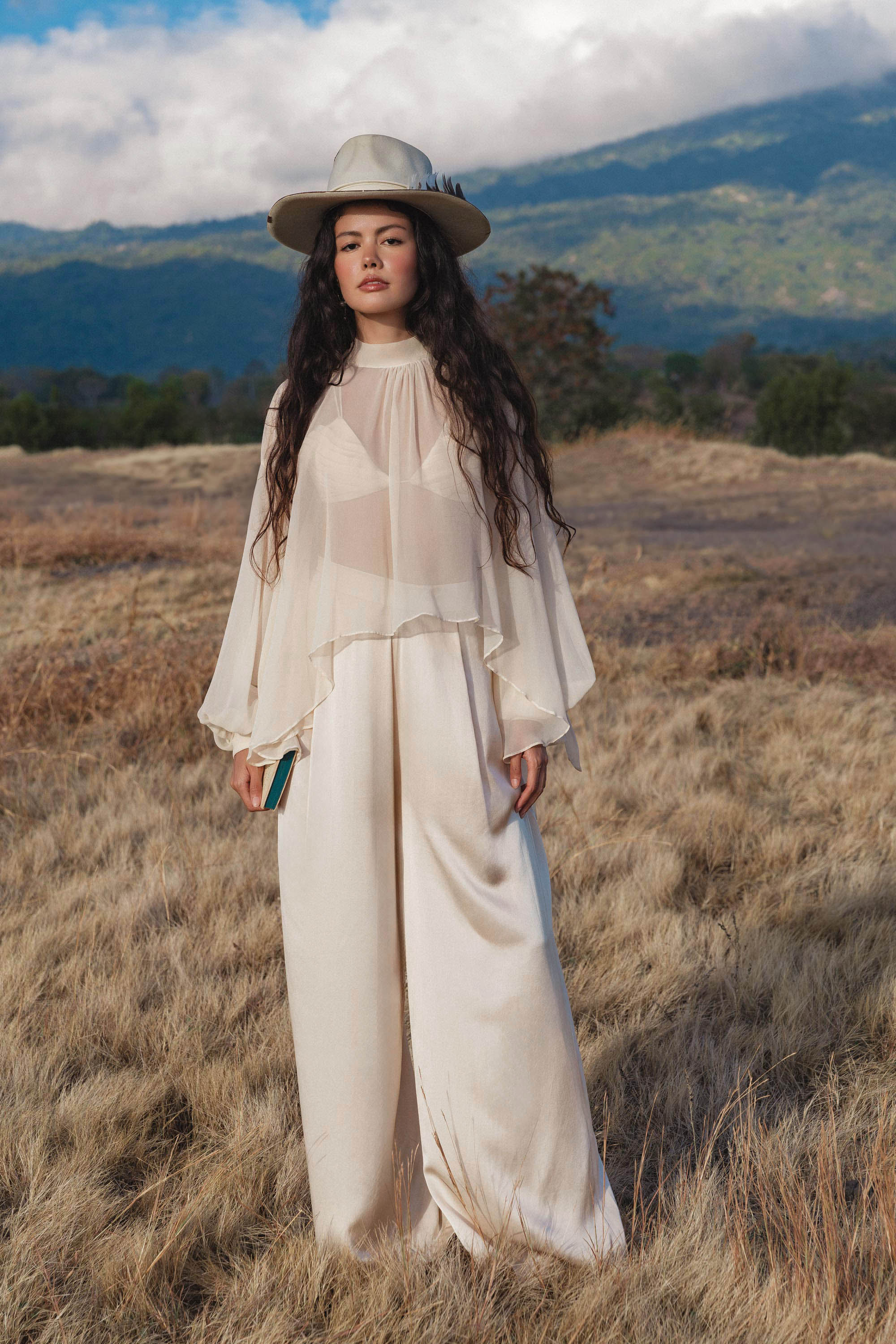 Maharani Blouse in Cream Colour – Pure Silk Chiffon Boho Top - AYA SW IDR