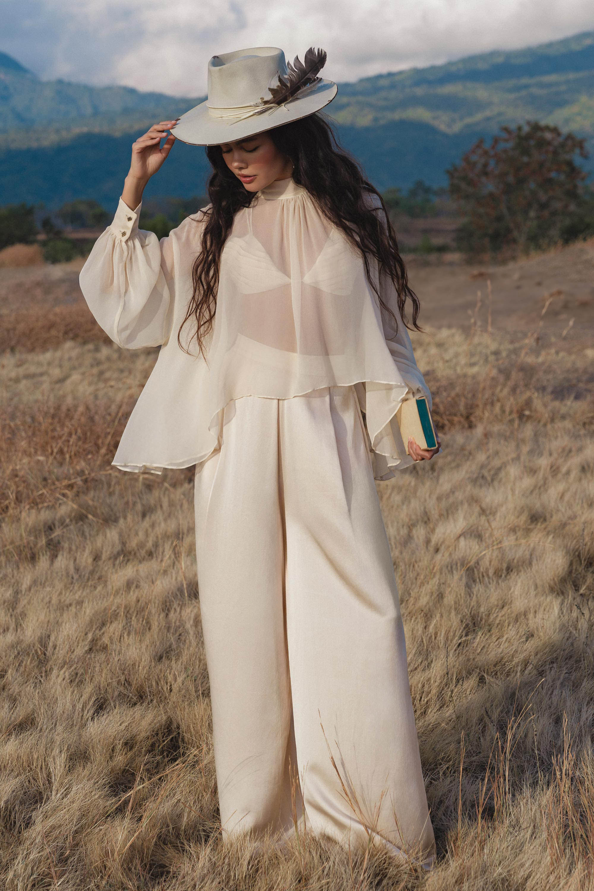 Maharani Blouse in Cream Colour – Pure Silk Chiffon Boho Top - AYA SW IDR