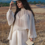 Maharani Blouse in Cream Colour – Pure Silk Chiffon Boho Top - AYA SW IDR