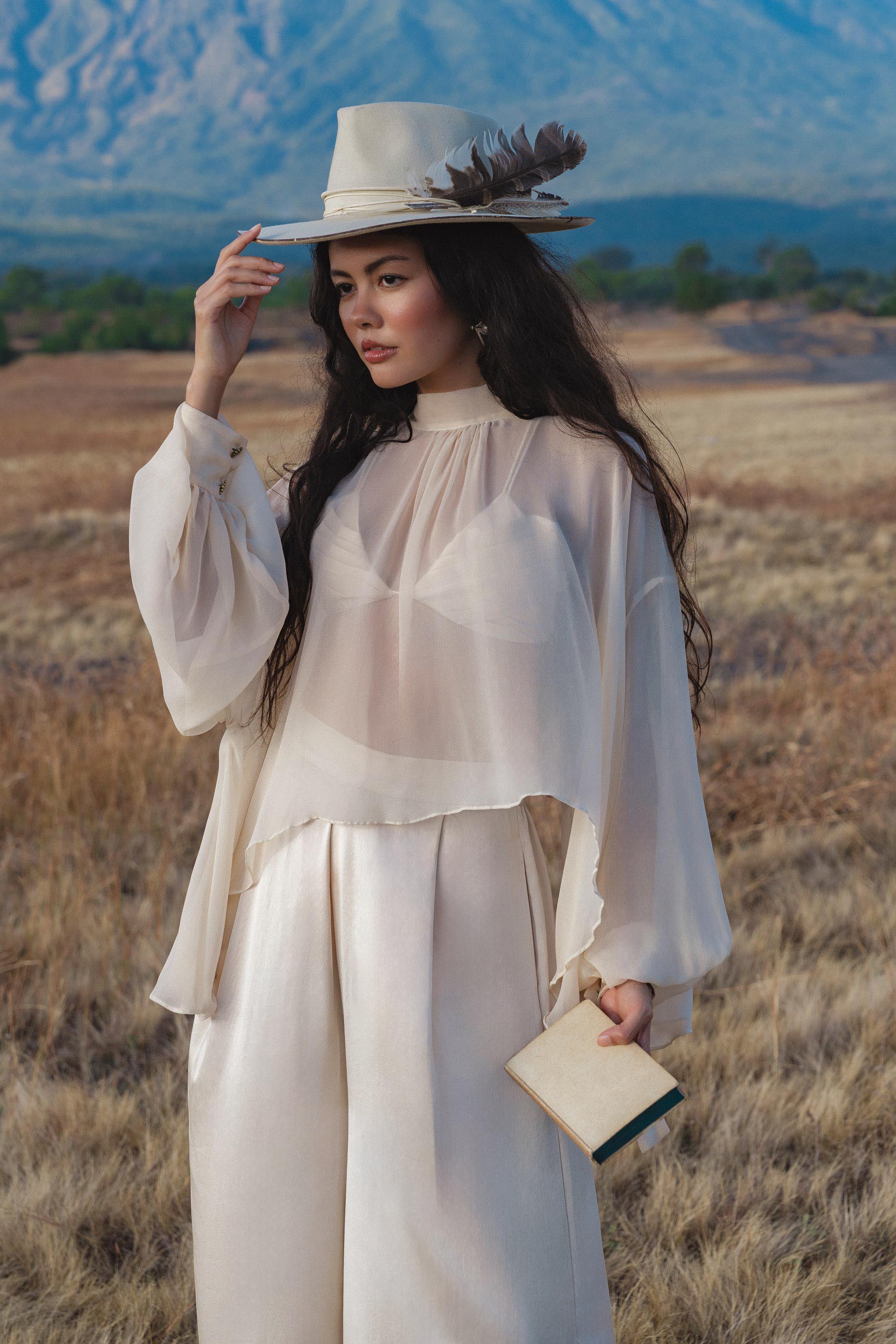 Maharani Blouse in Cream Colour – Pure Silk Chiffon Boho Top - AYA SW IDR