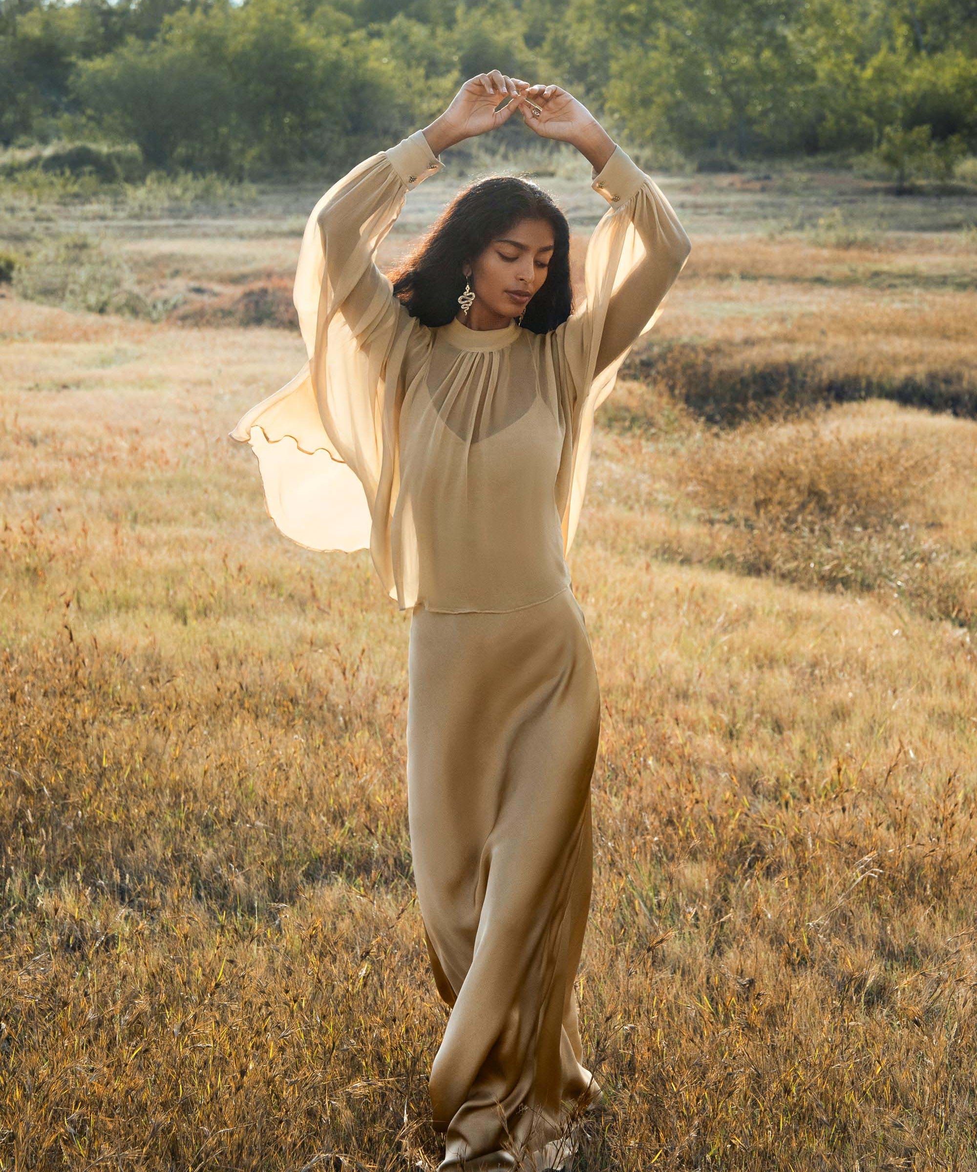 Maharani Blouse in Inka Gold Colour – Pure Silk Chiffon Boho Top - AYA SW IDR