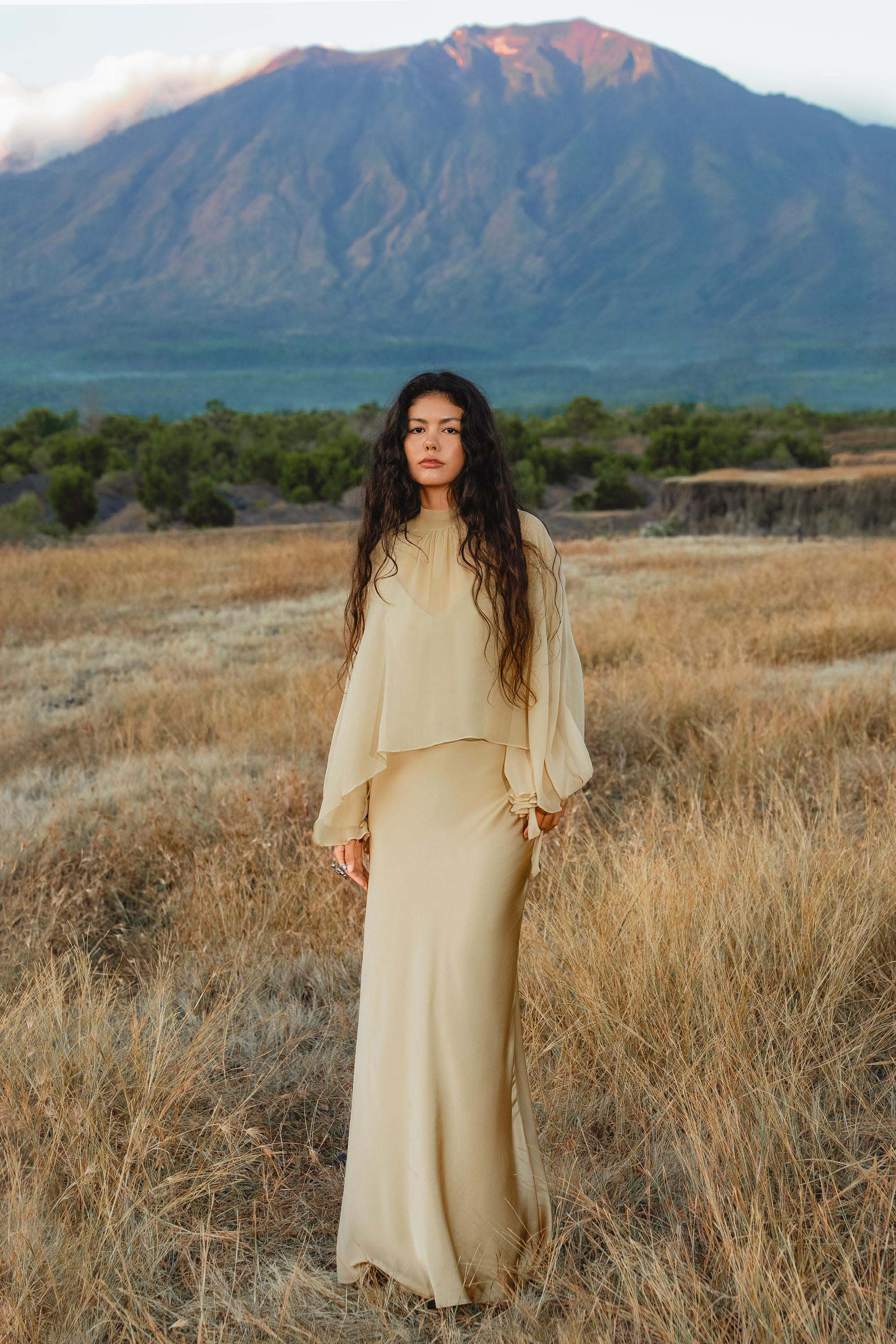 Maharani Blouse in Inka Gold Colour – Pure Silk Chiffon Boho Top - AYA SW IDR
