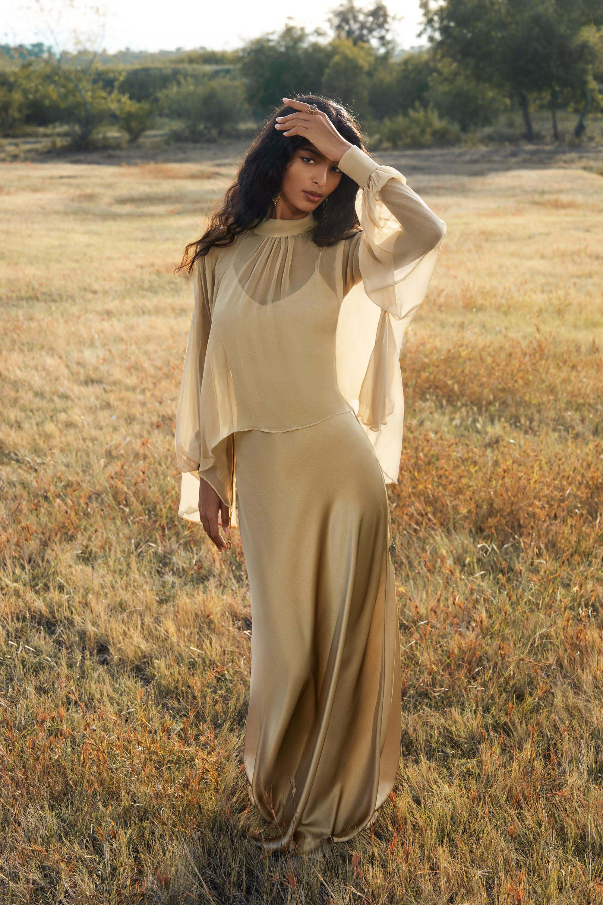 Maharani Blouse in Inka Gold Colour – Pure Silk Chiffon Boho Top - AYA SW IDR
