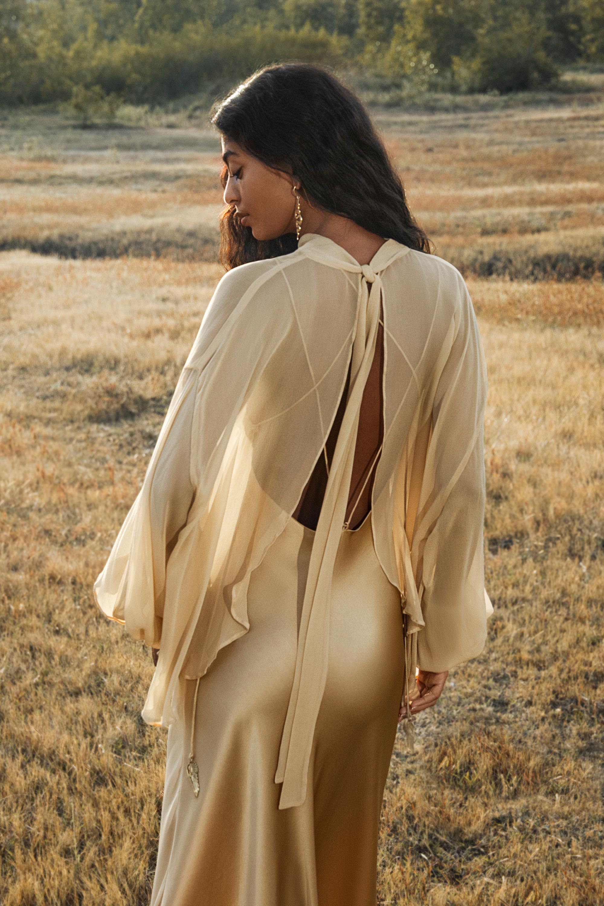 Maharani Blouse in Inka Gold Colour – Pure Silk Chiffon Boho Top - AYA SW IDR