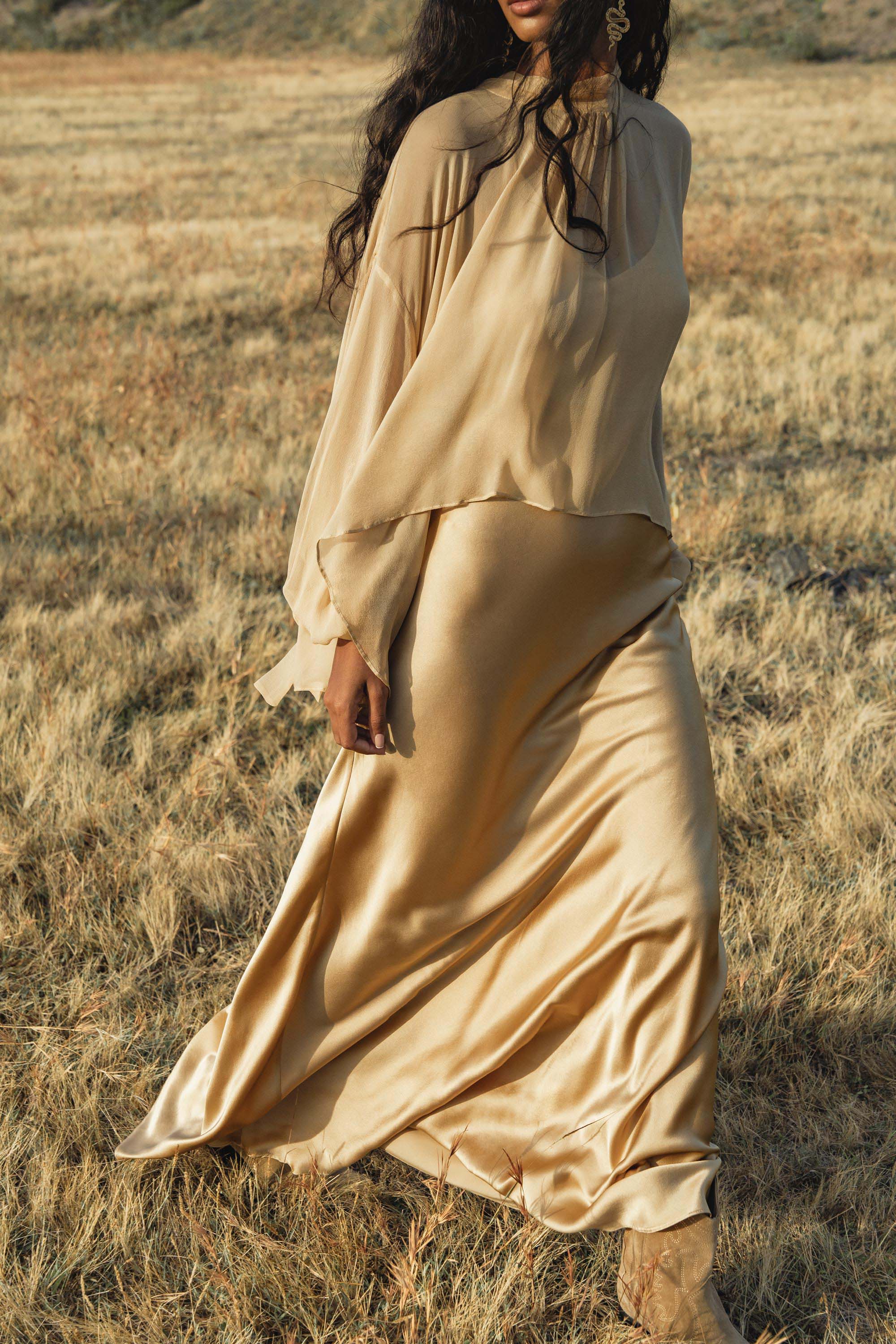 Maharani Blouse in Inka Gold Colour – Pure Silk Chiffon Boho Top - AYA SW IDR