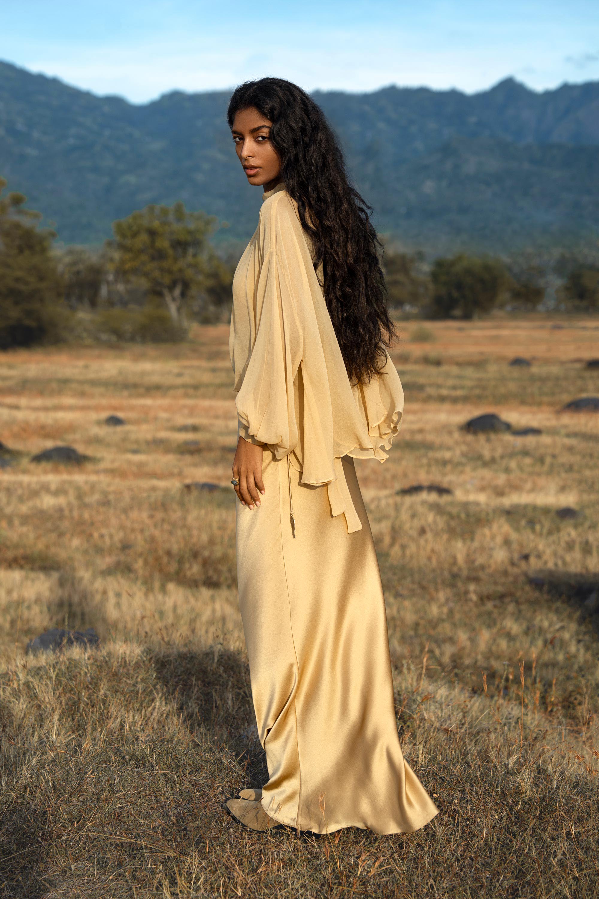 Maharani Blouse in Inka Gold Colour – Pure Silk Chiffon Boho Top - AYA SW IDR