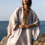 Mist Blue Ahimsa Peace Silk Long Robe Kimono, Floor - Length Maxi Boho Sustainable Fashion, Handmade Bali Ethical Wear - AYA SW IDR