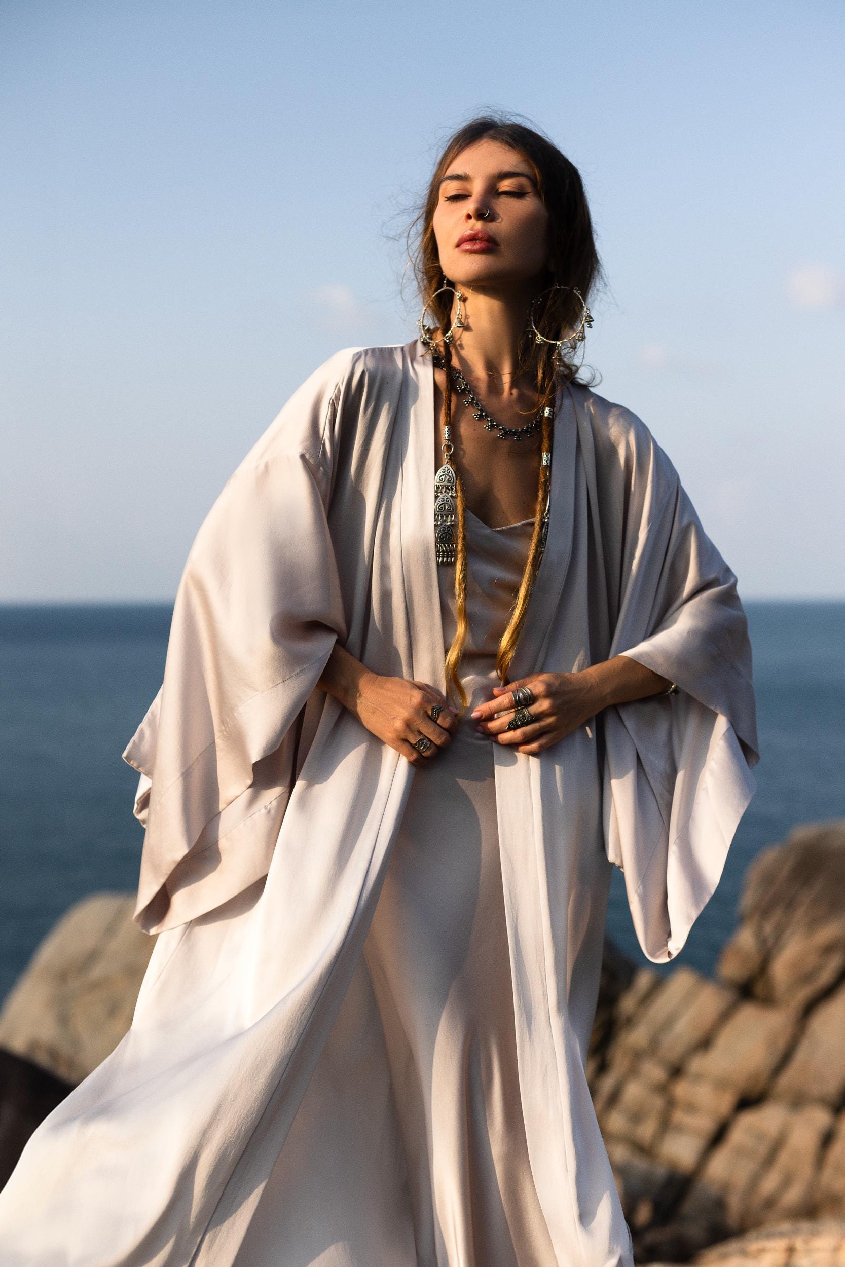 Mist Blue Ahimsa Peace Silk Long Robe Kimono, Floor - Length Maxi Boho Sustainable Fashion, Handmade Bali Ethical Wear - AYA SW IDR