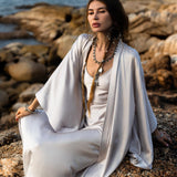 Mist Blue Ahimsa Peace Silk Long Robe Kimono, Floor - Length Maxi Boho Sustainable Fashion, Handmade Bali Ethical Wear - AYA SW IDR