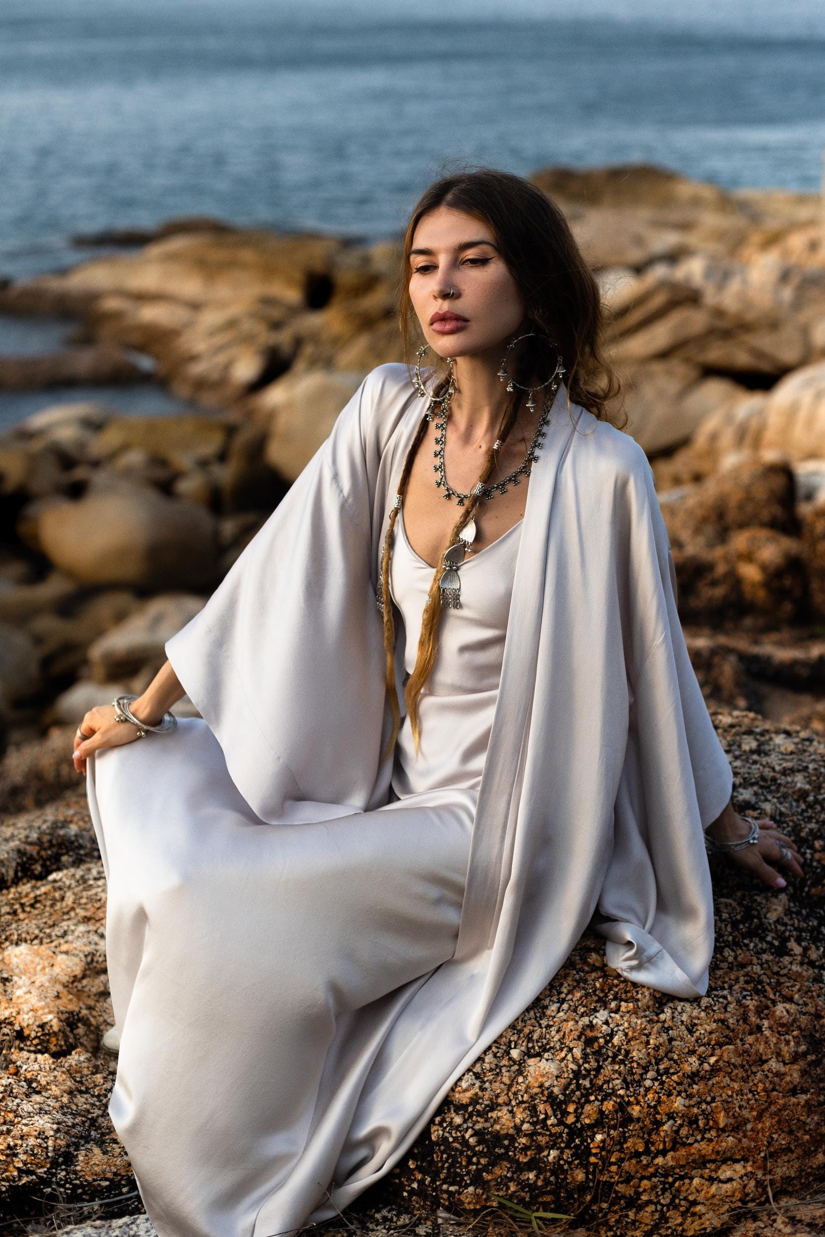 Mist Blue Ahimsa Peace Silk Long Robe Kimono, Floor - Length Maxi Boho Sustainable Fashion, Handmade Bali Ethical Wear - AYA SW IDR