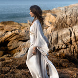 Mist Blue Ahimsa Peace Silk Long Robe Kimono, Floor - Length Maxi Boho Sustainable Fashion, Handmade Bali Ethical Wear - AYA SW IDR