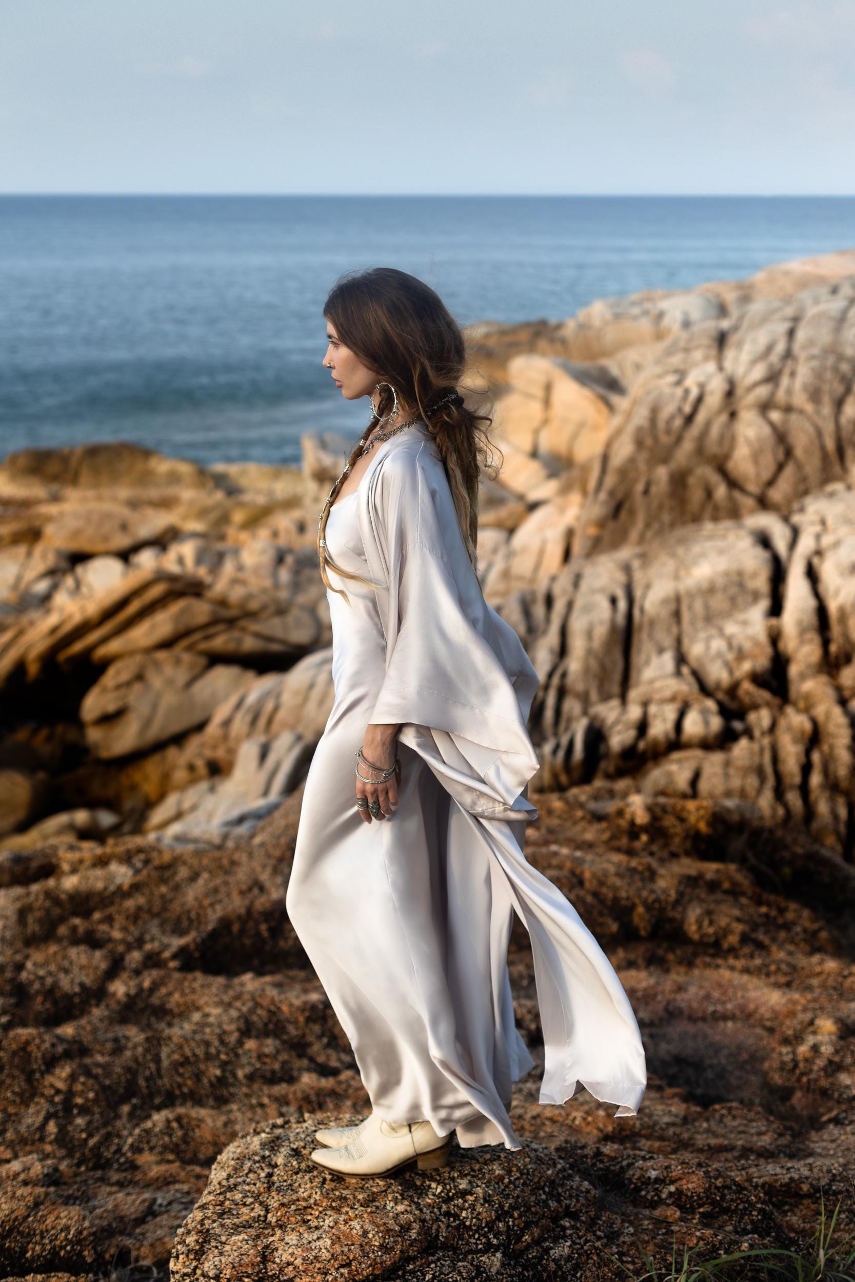 Mist Blue Ahimsa Peace Silk Long Robe Kimono, Floor - Length Maxi Boho Sustainable Fashion, Handmade Bali Ethical Wear - AYA SW IDR