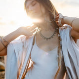 Mist Blue Ahimsa Peace Silk Long Robe Kimono, Floor - Length Maxi Boho Sustainable Fashion, Handmade Bali Ethical Wear - AYA SW IDR