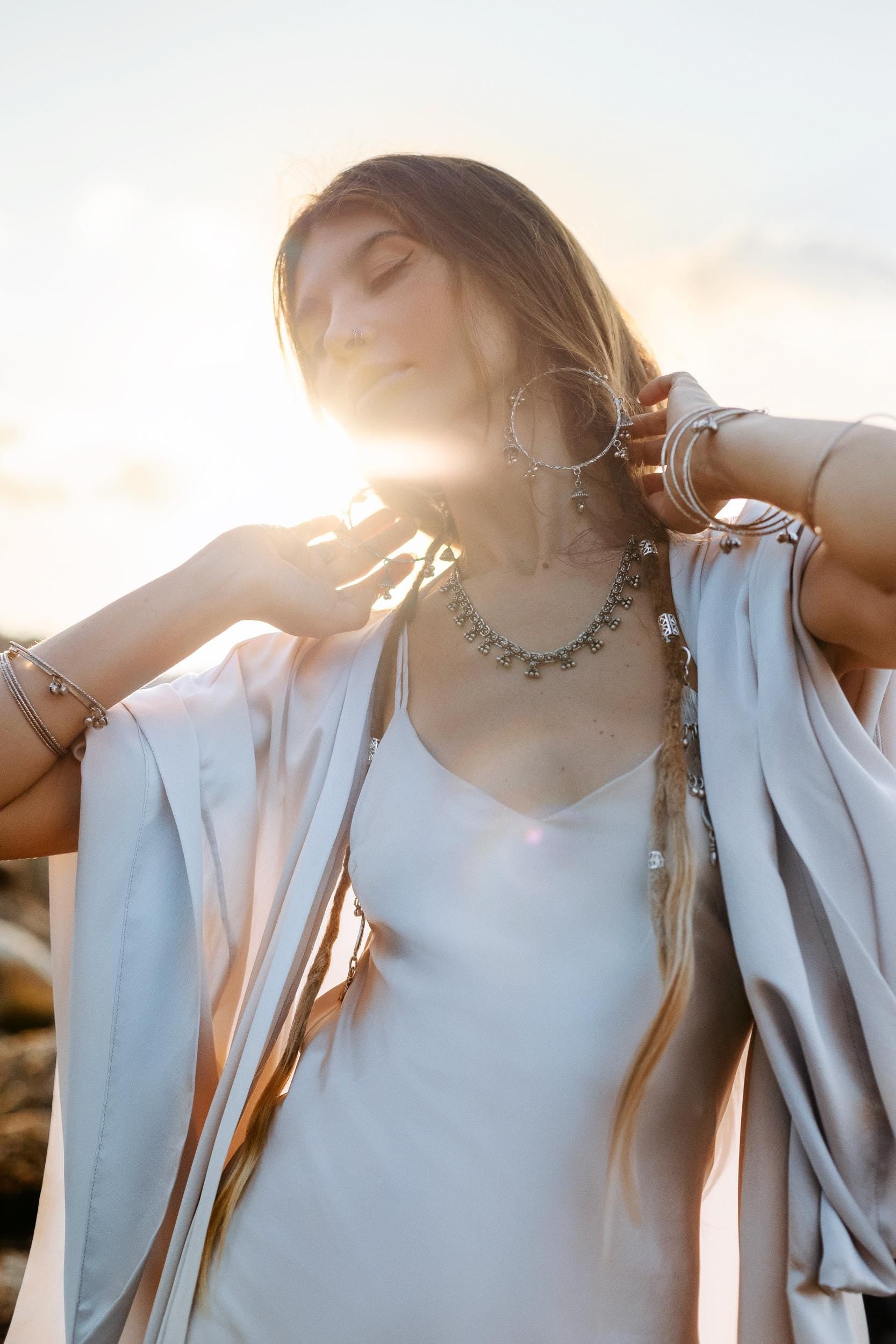 Mist Blue Ahimsa Peace Silk Long Robe Kimono, Floor - Length Maxi Boho Sustainable Fashion, Handmade Bali Ethical Wear - AYA SW IDR