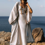 Mist Blue Ahimsa Peace Silk Long Robe Kimono, Floor - Length Maxi Boho Sustainable Fashion, Handmade Bali Ethical Wear - AYA SW IDR