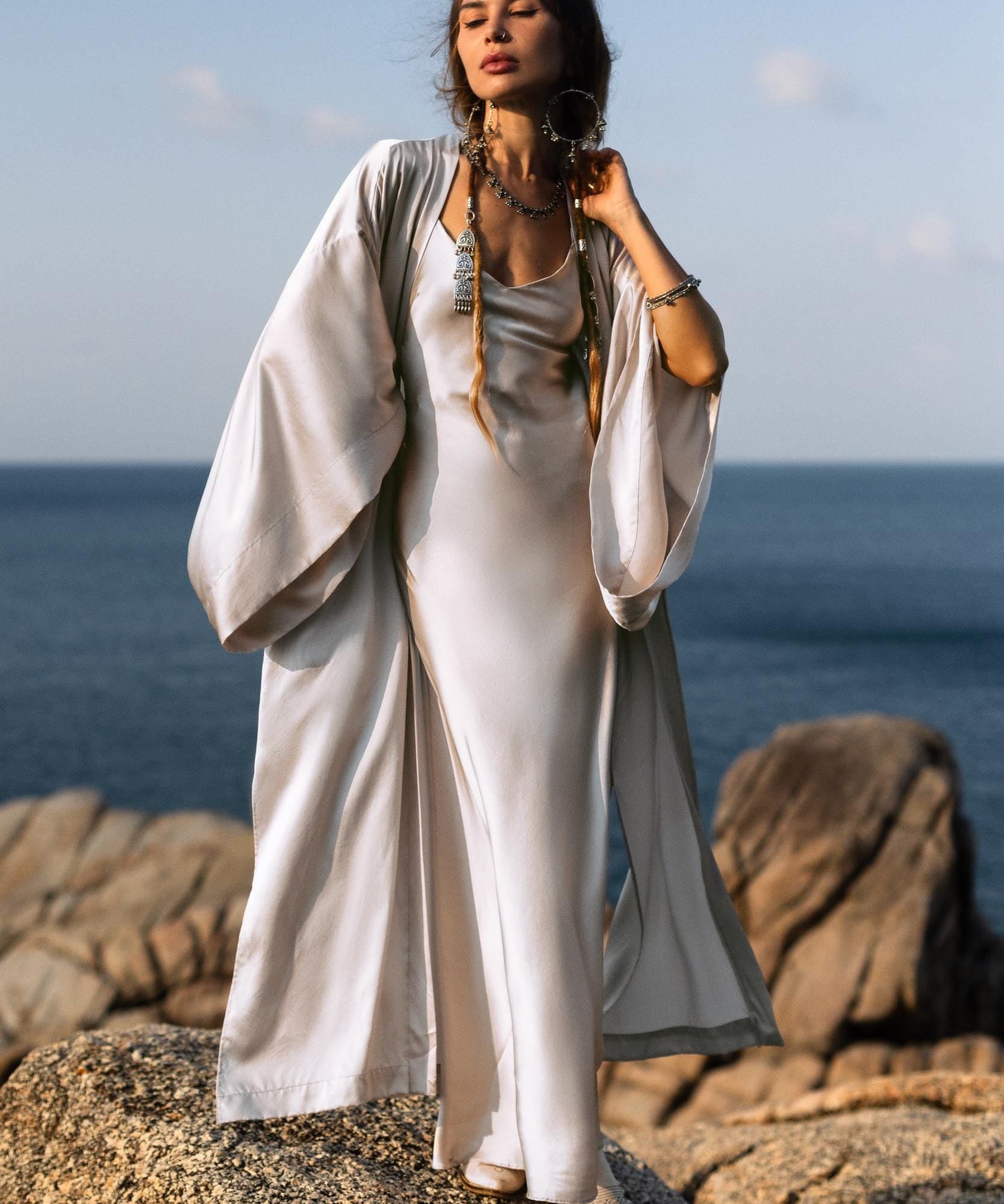 Mist Blue Ahimsa Peace Silk Long Robe Kimono, Floor - Length Maxi Boho Sustainable Fashion, Handmade Bali Ethical Wear - AYA SW IDR