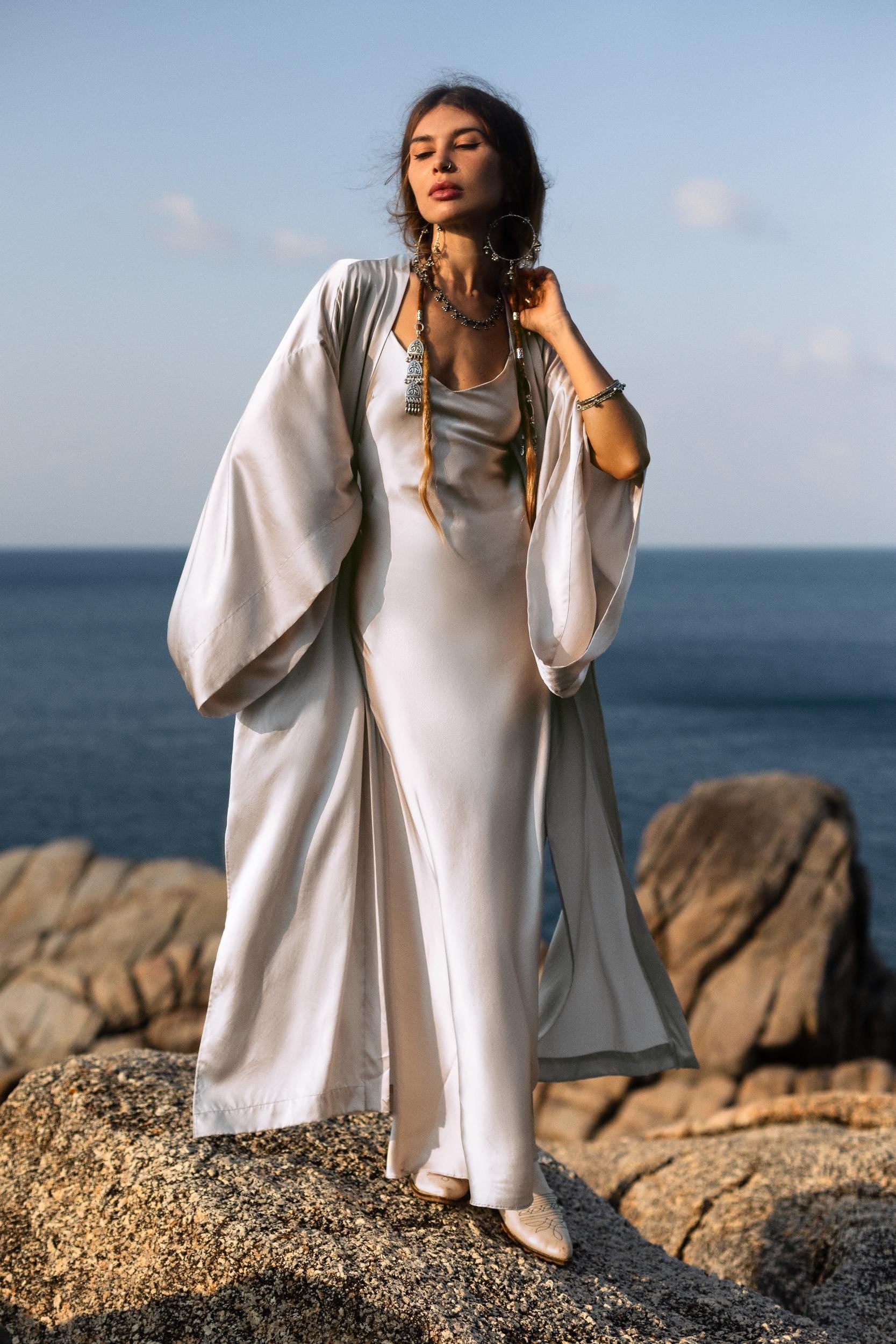 Mist Blue Ahimsa Peace Silk Long Robe Kimono, Floor - Length Maxi Boho Sustainable Fashion, Handmade Bali Ethical Wear - AYA SW IDR