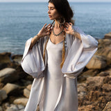 Mist Blue Ahimsa Peace Silk Long Robe Kimono, Floor - Length Maxi Boho Sustainable Fashion, Handmade Bali Ethical Wear - AYA SW IDR
