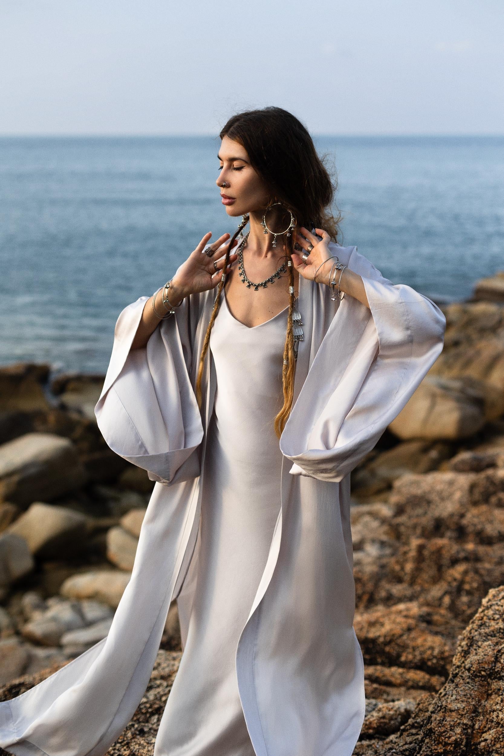 Mist Blue Ahimsa Peace Silk Long Robe Kimono, Floor - Length Maxi Boho Sustainable Fashion, Handmade Bali Ethical Wear - AYA SW IDR