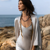 Mist Blue Ahimsa Peace Silk Long Robe Kimono, Floor - Length Maxi Boho Sustainable Fashion, Handmade Bali Ethical Wear - AYA SW IDR