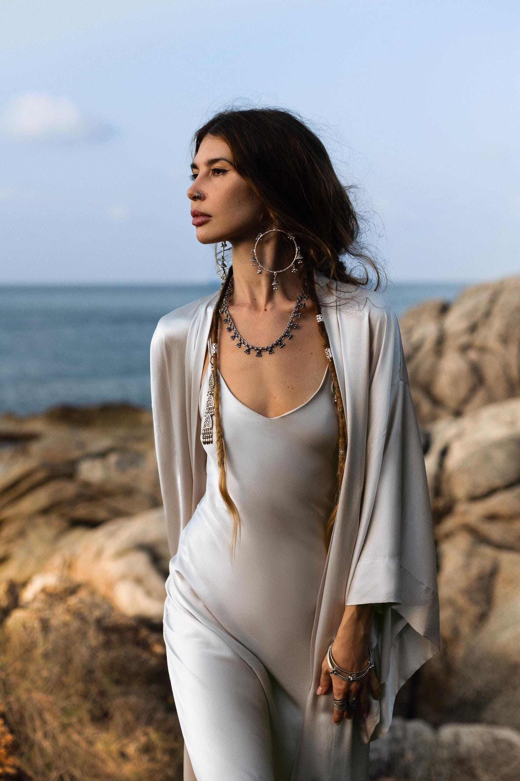 Mist Blue Ahimsa Peace Silk Long Robe Kimono, Floor - Length Maxi Boho Sustainable Fashion, Handmade Bali Ethical Wear - AYA SW IDR