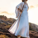 Mist Blue Ahimsa Peace Silk Long Robe Kimono, Floor - Length Maxi Boho Sustainable Fashion, Handmade Bali Ethical Wear - AYA SW IDR