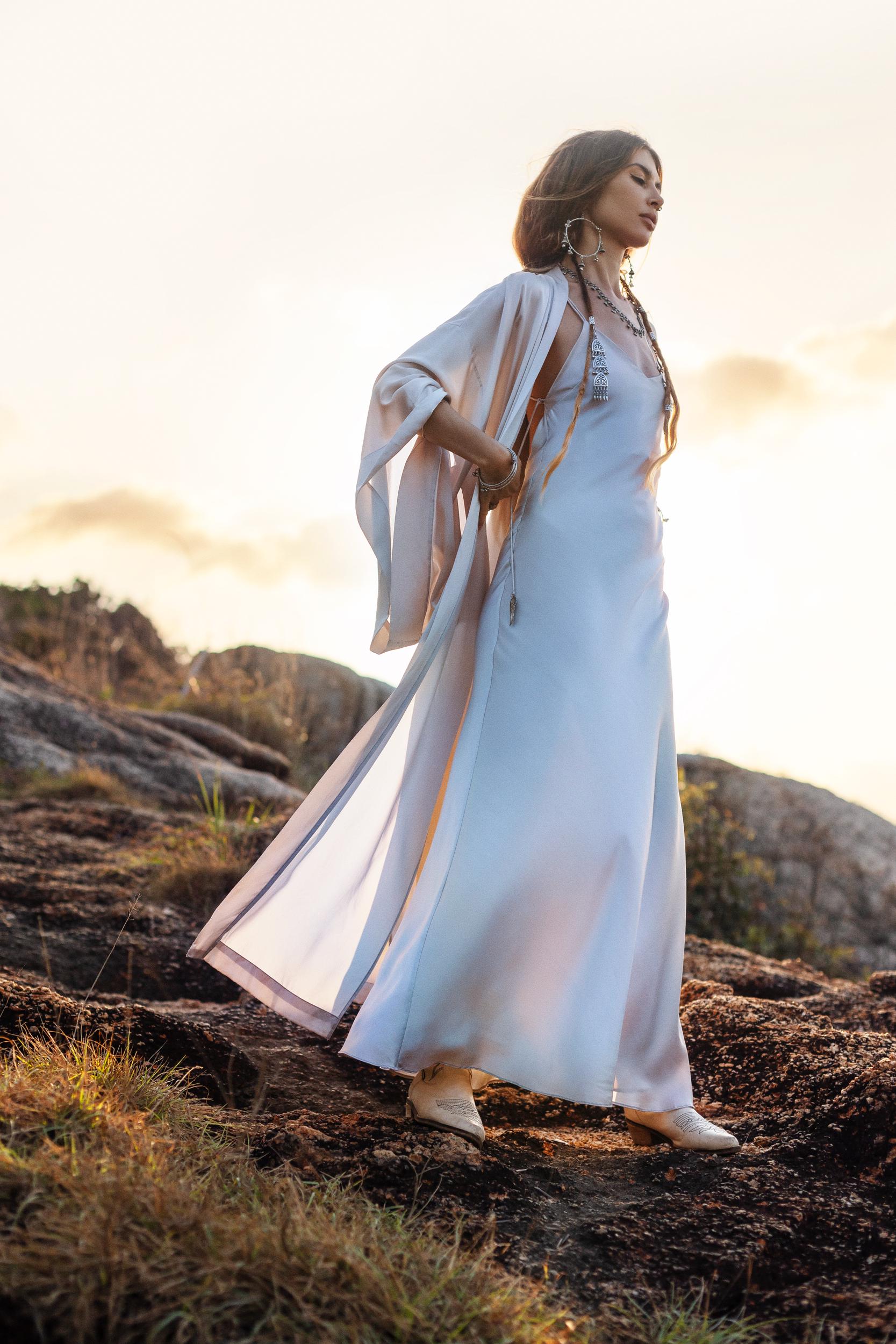 Mist Blue Ahimsa Peace Silk Long Robe Kimono, Floor - Length Maxi Boho Sustainable Fashion, Handmade Bali Ethical Wear - AYA SW IDR