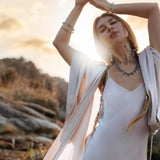 Mist Blue Ahimsa Peace Silk Long Robe Kimono, Floor - Length Maxi Boho Sustainable Fashion, Handmade Bali Ethical Wear - AYA SW IDR