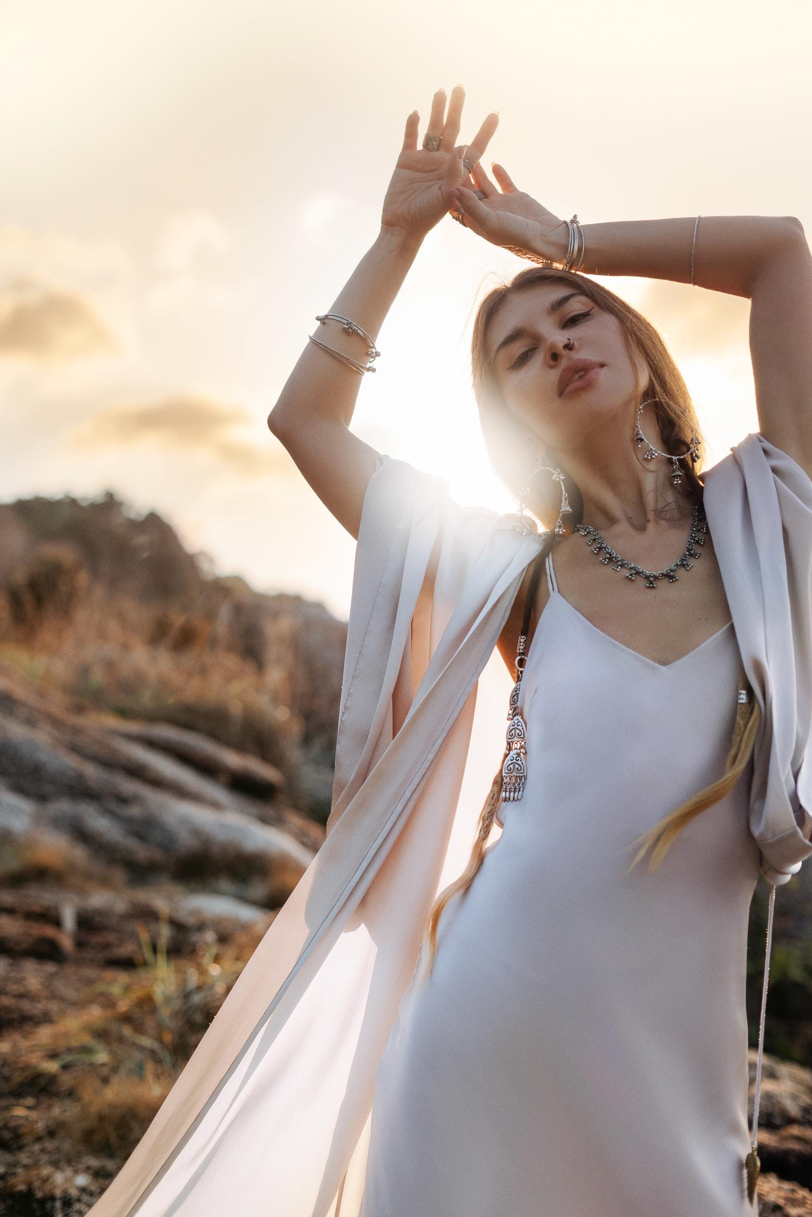 Mist Blue Ahimsa Peace Silk Long Robe Kimono, Floor - Length Maxi Boho Sustainable Fashion, Handmade Bali Ethical Wear - AYA SW IDR