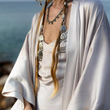 Mist Blue Ahimsa Peace Silk Long Robe Kimono, Floor - Length Maxi Boho Sustainable Fashion, Handmade Bali Ethical Wear - AYA SW IDR