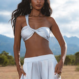 Mist Blue Silk Bralette - Handmade Asymmetric One - Shoulder Top - AYA SW IDR
