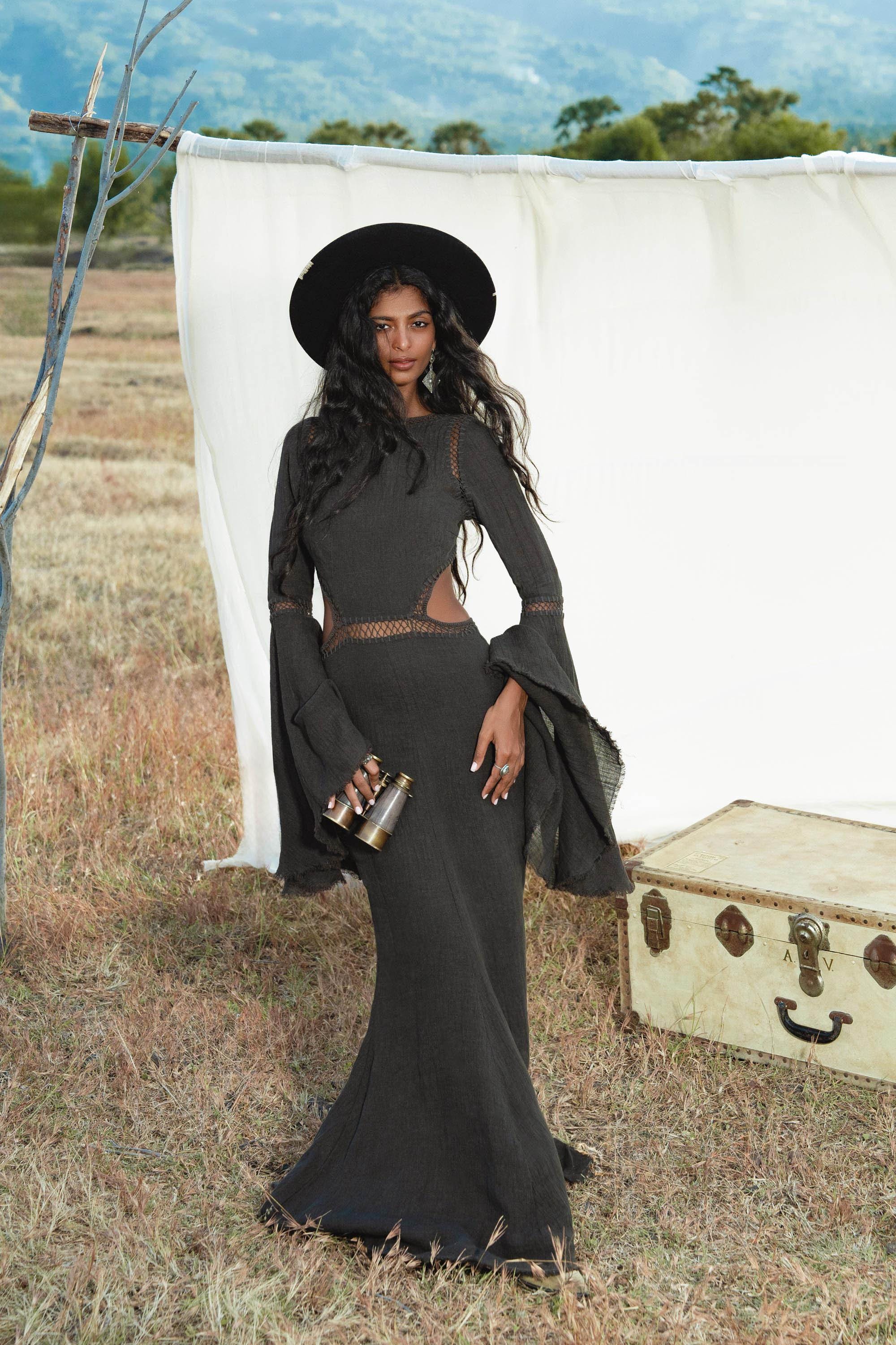 New Mandara Linen Maxi Dress Asphalt Grey , Long Sleeve Backless · Flowing Bohemian Silhouette - AYA SW IDR