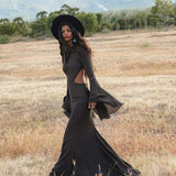 New Mandara Linen Maxi Dress Asphalt Grey , Long Sleeve Backless · Flowing Bohemian Silhouette - AYA SW IDR