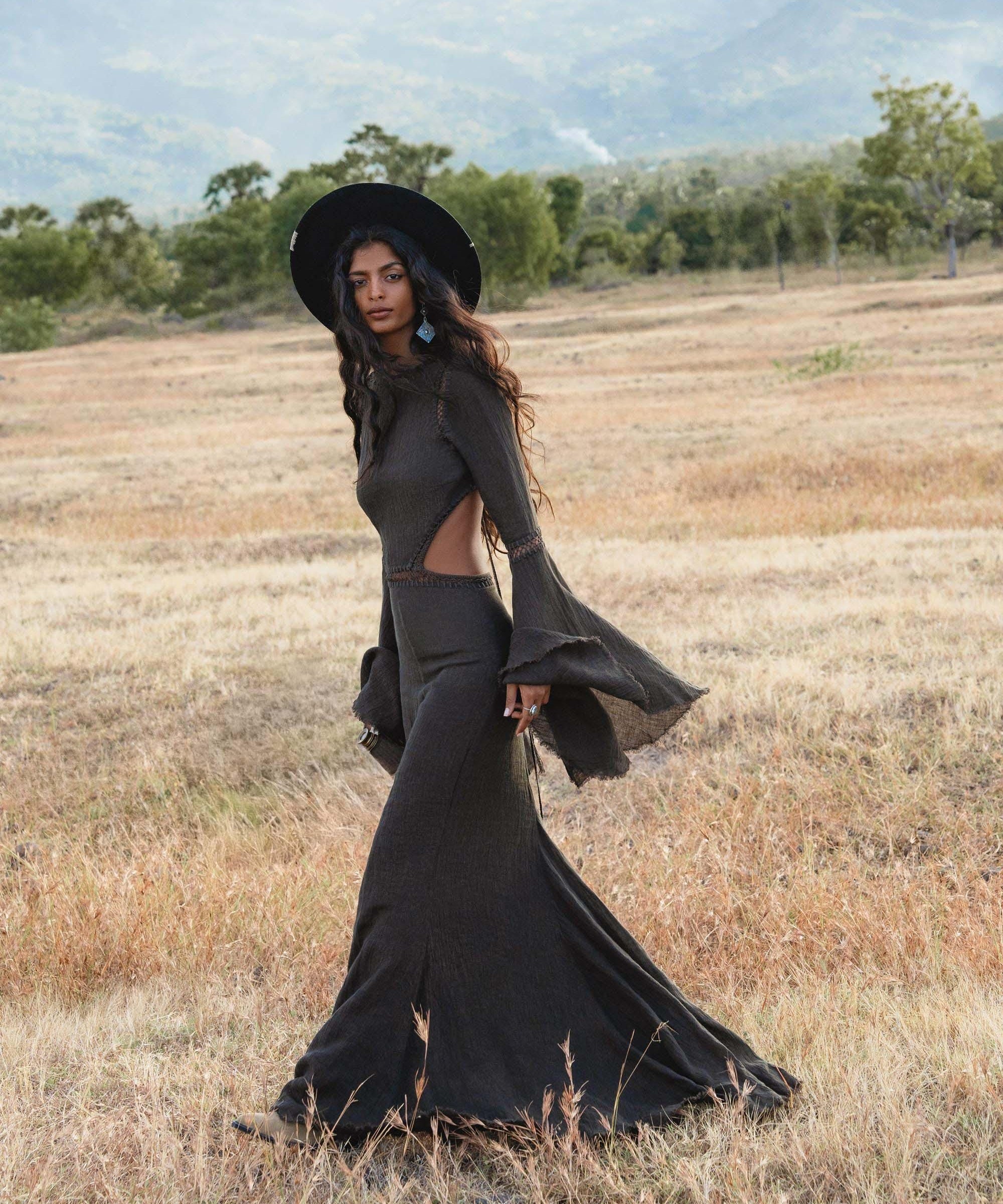 New Mandara Linen Maxi Dress Asphalt Grey , Long Sleeve Backless · Flowing Bohemian Silhouette - AYA SW IDR