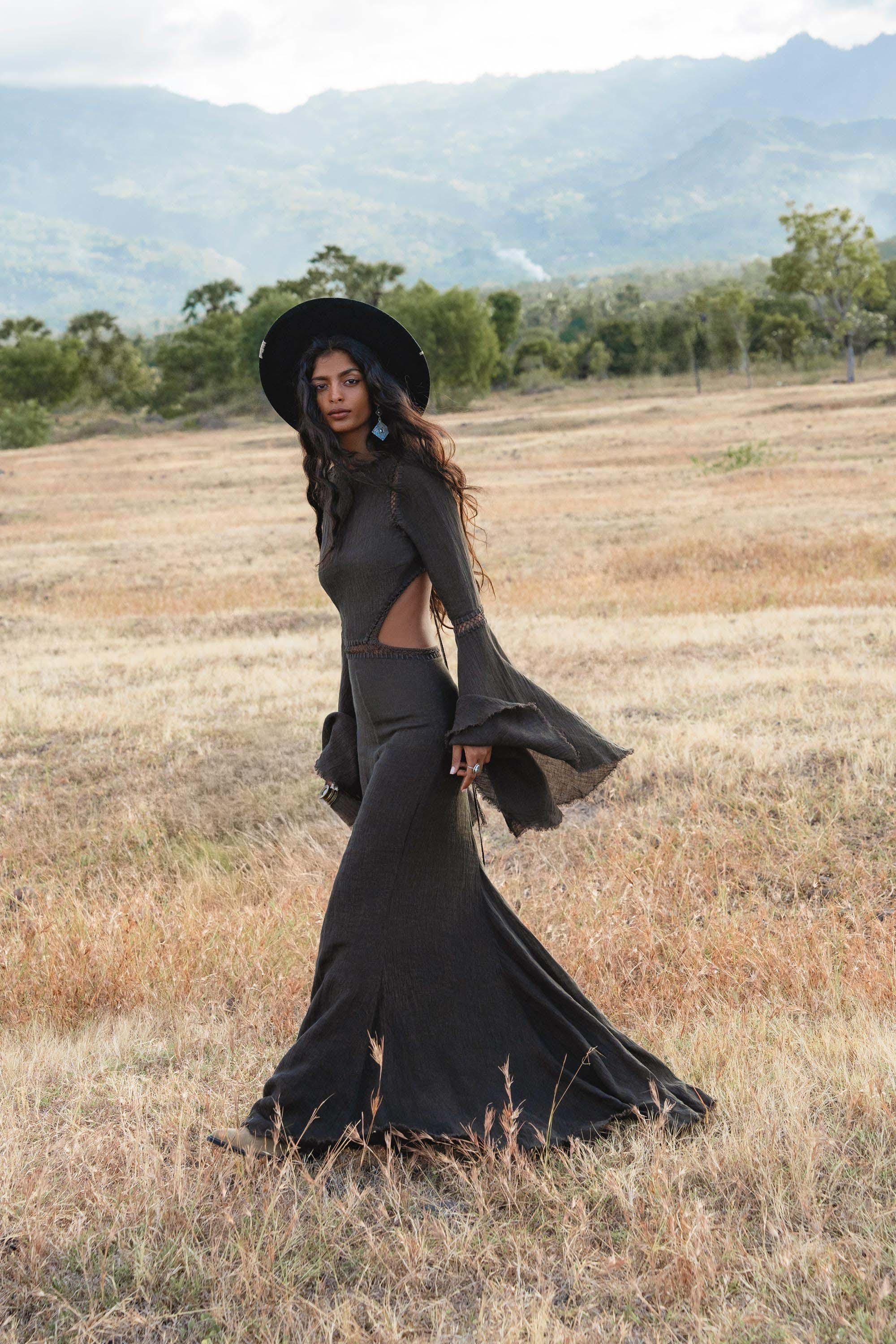 New Mandara Linen Maxi Dress Asphalt Grey , Long Sleeve Backless · Flowing Bohemian Silhouette - AYA SW IDR