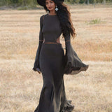 New Mandara Linen Maxi Dress Asphalt Grey , Long Sleeve Backless · Flowing Bohemian Silhouette - AYA SW IDR
