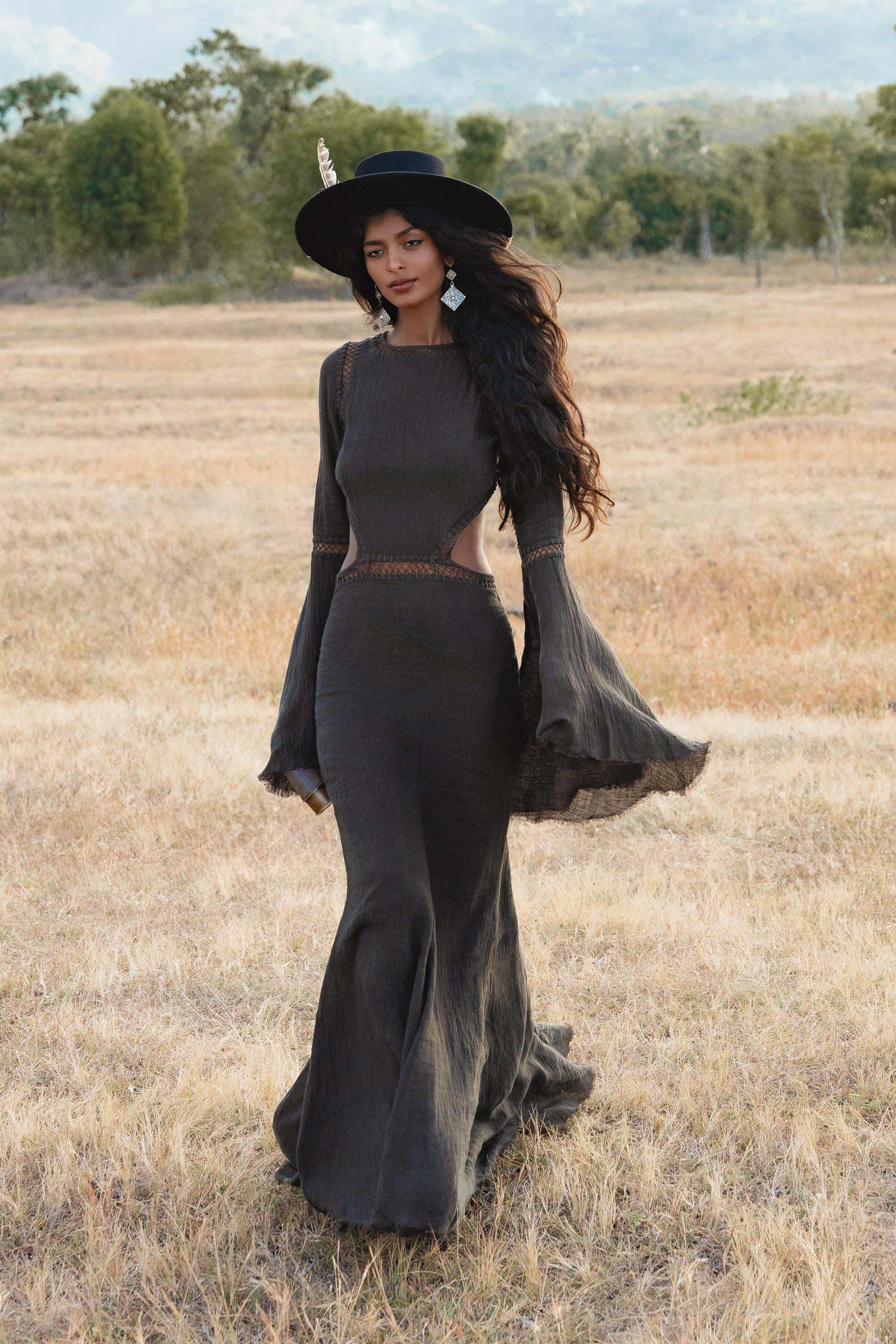 New Mandara Linen Maxi Dress Asphalt Grey , Long Sleeve Backless · Flowing Bohemian Silhouette - AYA SW IDR
