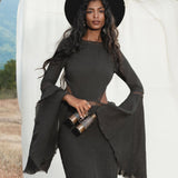 New Mandara Linen Maxi Dress Asphalt Grey , Long Sleeve Backless · Flowing Bohemian Silhouette - AYA SW IDR