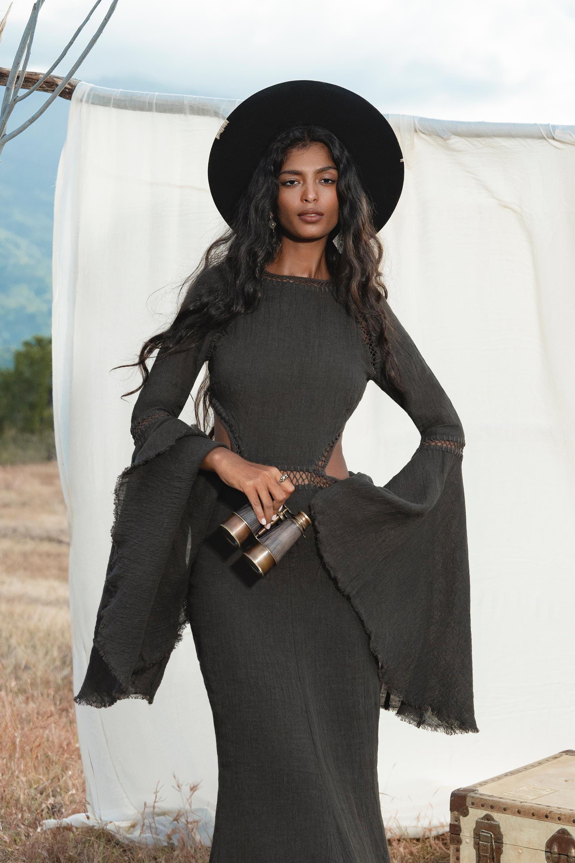 New Mandara Linen Maxi Dress Asphalt Grey , Long Sleeve Backless · Flowing Bohemian Silhouette - AYA SW IDR
