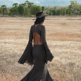 New Mandara Linen Maxi Dress Asphalt Grey , Long Sleeve Backless · Flowing Bohemian Silhouette - AYA SW IDR
