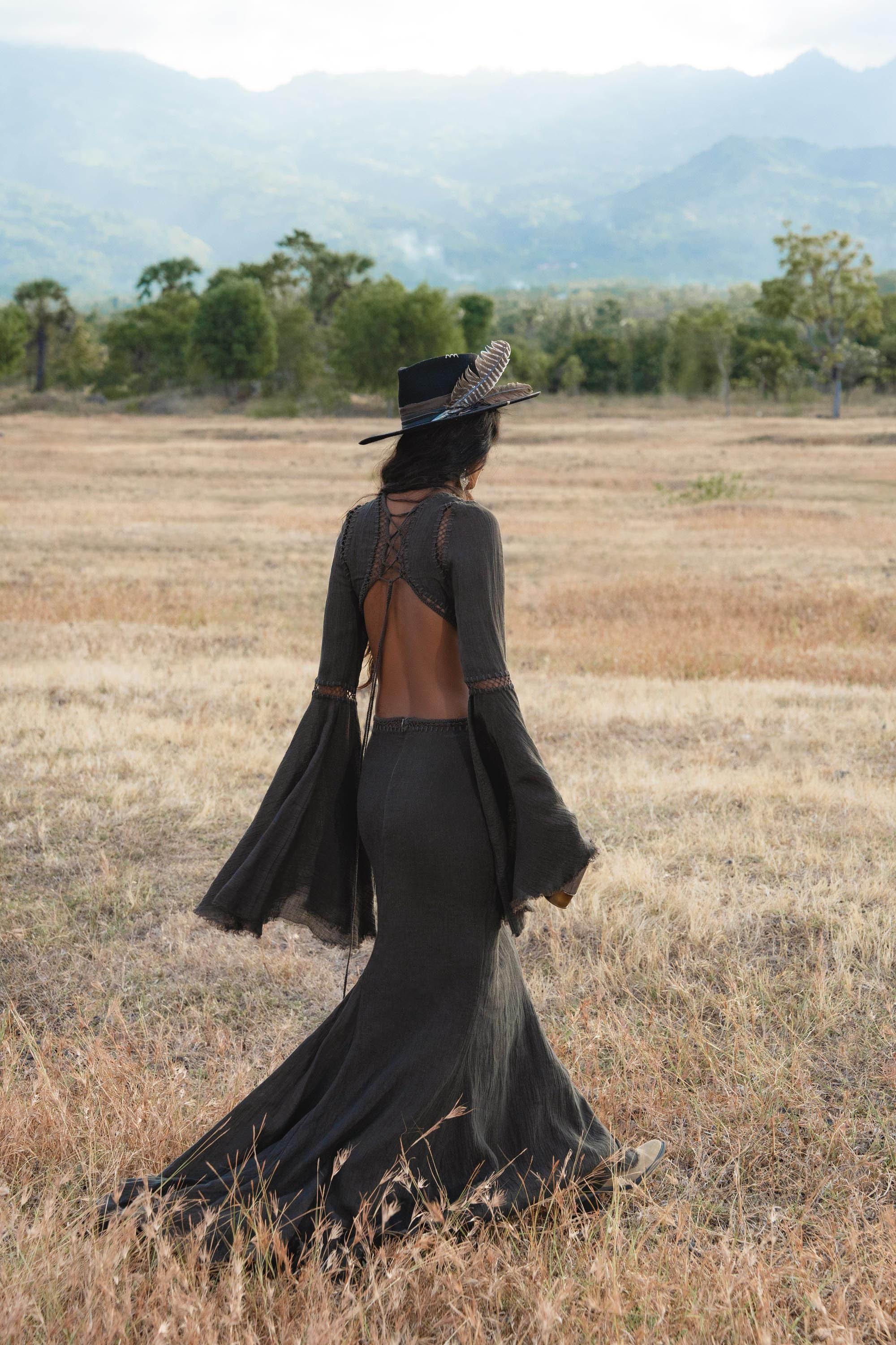 New Mandara Linen Maxi Dress Asphalt Grey , Long Sleeve Backless · Flowing Bohemian Silhouette - AYA SW IDR