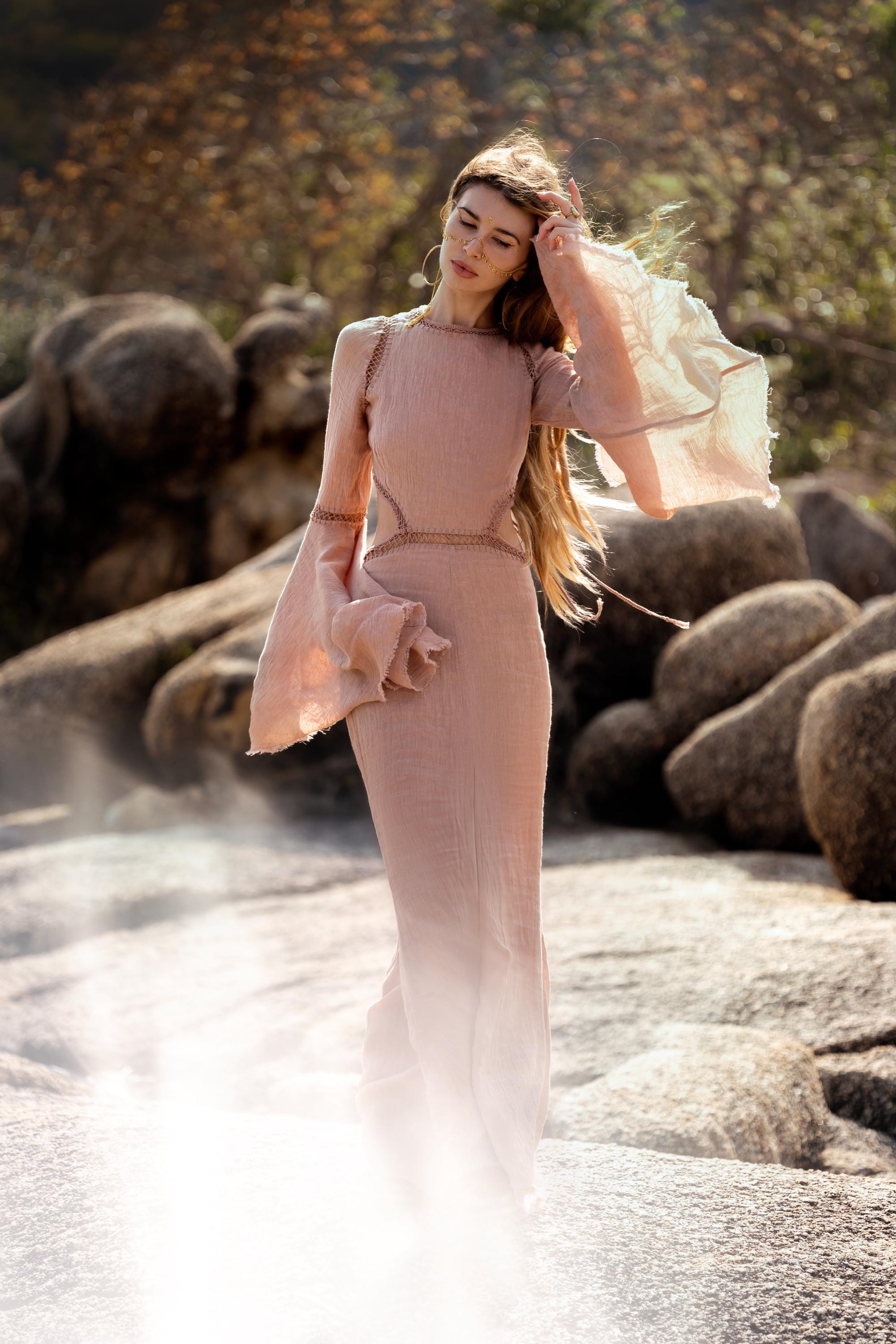 New Mandara Linen Maxi Dress Desert Rose Clay , Long Sleeve Backless · Flowing Bohemian Silhouette - AYA SW IDR