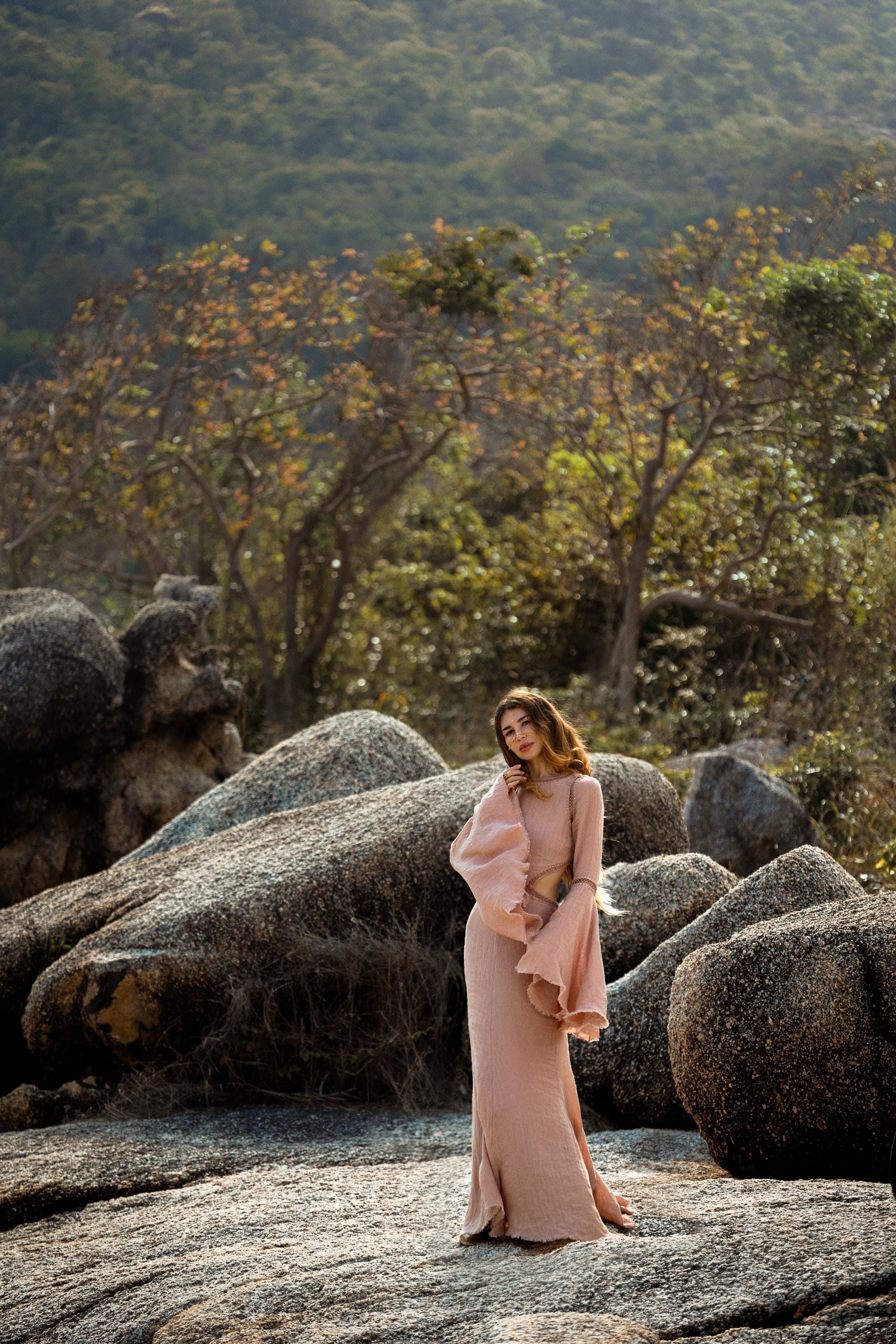 New Mandara Linen Maxi Dress Desert Rose Clay , Long Sleeve Backless · Flowing Bohemian Silhouette - AYA SW IDR