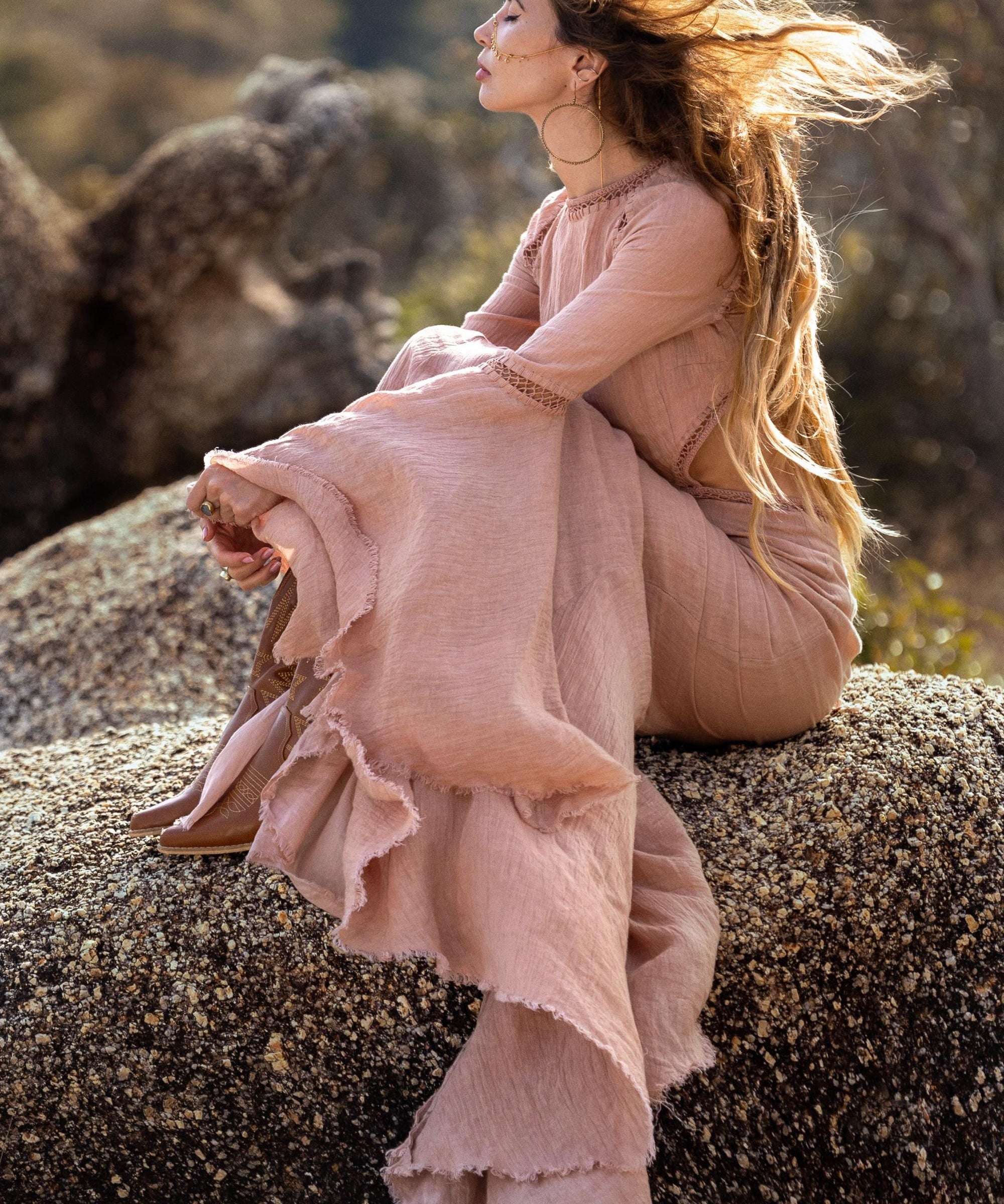 New Mandara Linen Maxi Dress Desert Rose Clay , Long Sleeve Backless · Flowing Bohemian Silhouette - AYA SW IDR