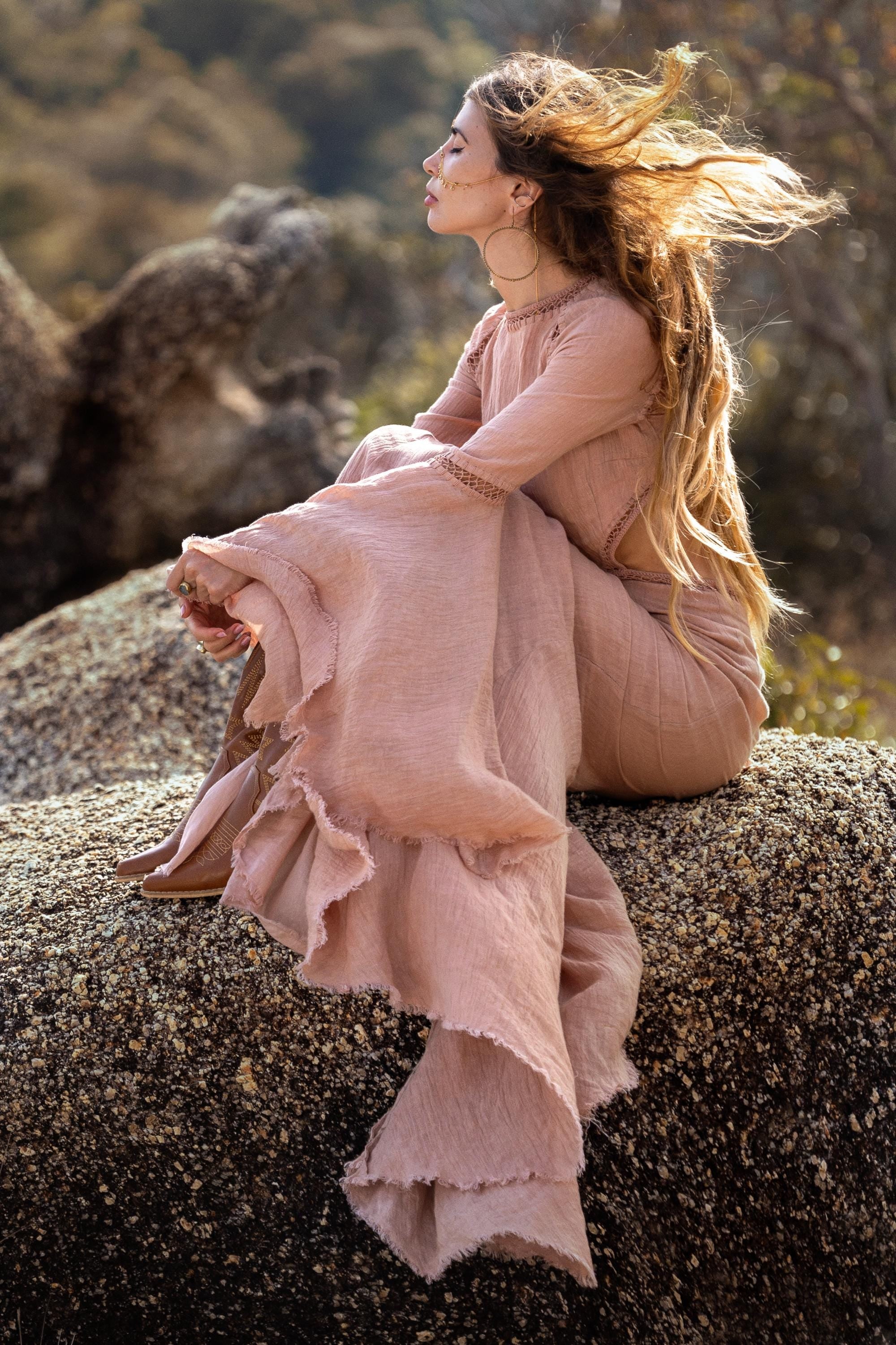 New Mandara Linen Maxi Dress Desert Rose Clay , Long Sleeve Backless · Flowing Bohemian Silhouette - AYA SW IDR