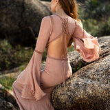 New Mandara Linen Maxi Dress Desert Rose Clay , Long Sleeve Backless · Flowing Bohemian Silhouette - AYA SW IDR