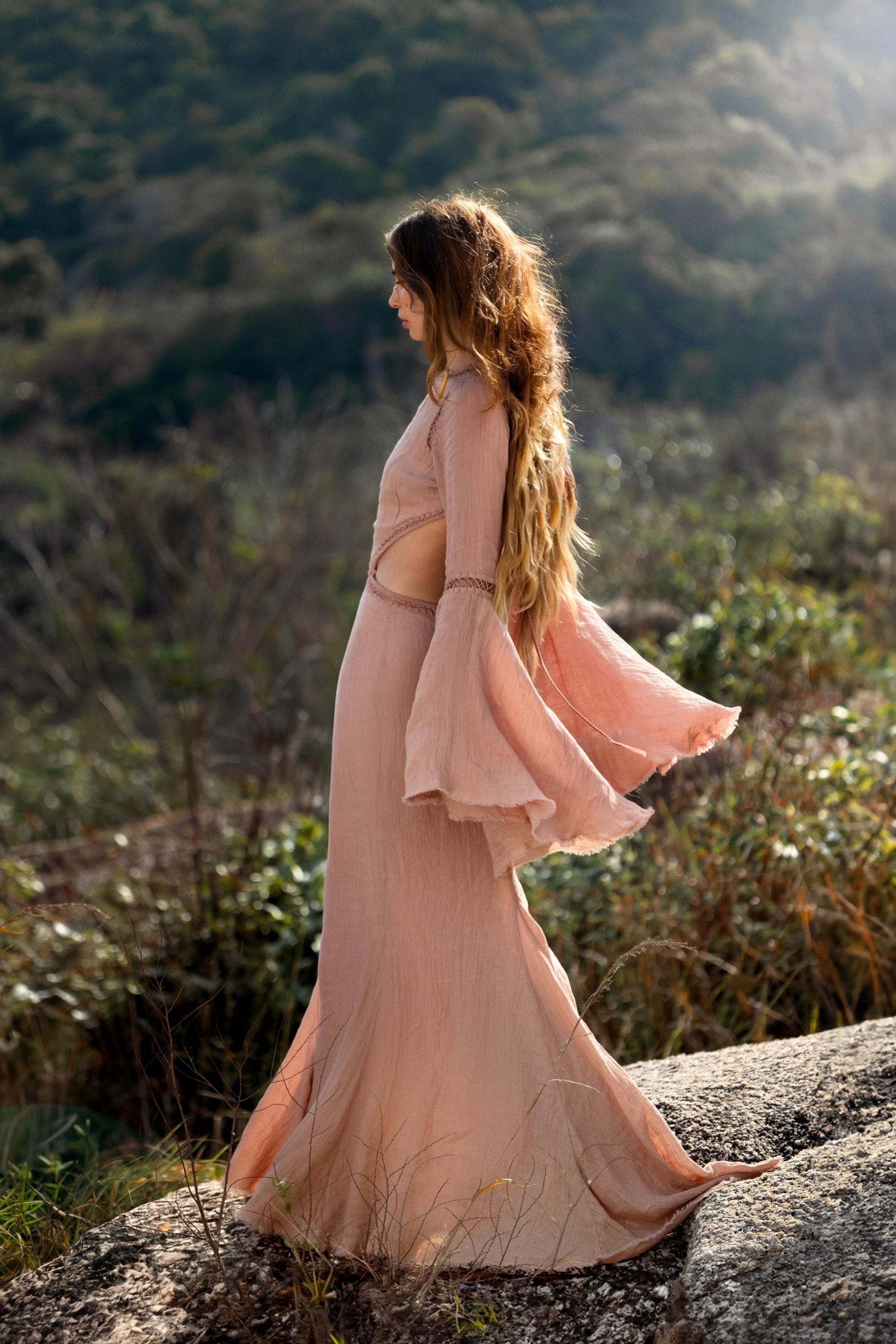 New Mandara Linen Maxi Dress Desert Rose Clay , Long Sleeve Backless · Flowing Bohemian Silhouette - AYA SW IDR
