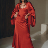 Wine Red Silk Boho Kimono Cover, Wide Sleeve Bohemian Kaftan Cardigan - AYA Sacred Wear