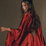 Wine Red Silk Boho Kimono Cover, Wide Sleeve Bohemian Kaftan Cardigan - AYA Sacred Wear