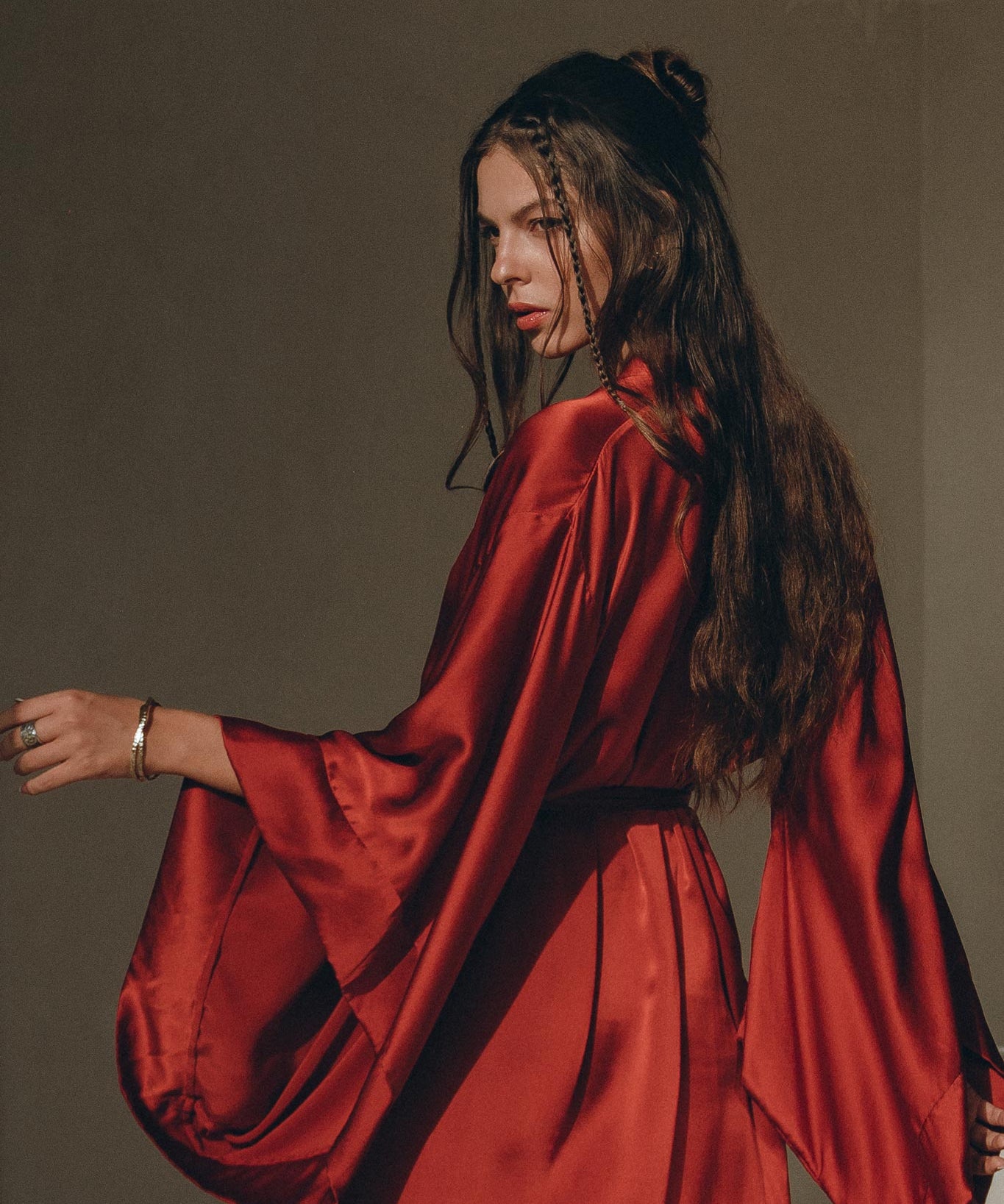 Wine Red Silk Boho Kimono Cover, Wide Sleeve Bohemian Kaftan Cardigan - AYA Sacred Wear